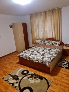Pensiunea Dumbrăvița في Dumbrava: غرفة نوم مع سرير وسجادة على الأرض