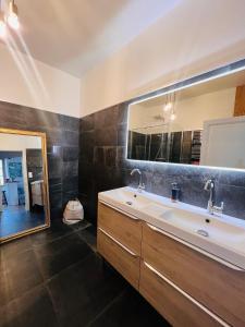 a bathroom with a sink and a mirror at Charmant appartement plein centre ville - parking privé in Auxerre
