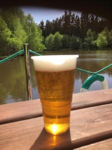 a glass of beer sitting on a table near a lake at Apartmány U Hadiny in Humpolec