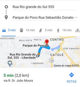 a screenshot of a google maps page with a red marker at Espaçossego 83 oito meia 82 vinte 74 in Campina Grande