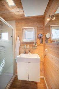 a bathroom with a white sink and a shower at Hausboot Lasse in Heiligenhafen