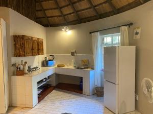 a kitchen with a refrigerator and a counter top at Palala River Cottages in Vaalwater