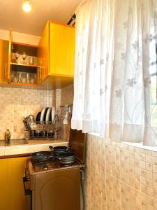a small kitchen with a stove and a window at Comfy 1br Milimani in Kisumu