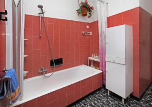 サウゼ・ドゥルクスにあるSauze Guesthouse Apartmentの赤いタイル張りのバスルーム(バスタブ、シャワー付)