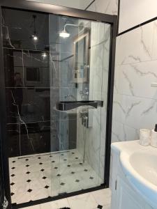 a shower with a glass door in a bathroom at Dobra1 in Ściegny