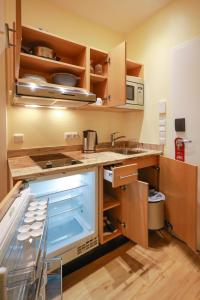 a kitchen with a sink and a counter top at Work & Travel - KRAL Hotels Erlangen in Erlangen