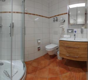 a bathroom with a shower and a toilet and a sink at Gästehaus Kral in Erlangen