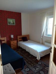 a bedroom with two beds and a window at Pokoje w lesie in Miłomłyn