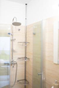 a shower with a glass door in a bathroom at Casa Matteo - Rustic & cosy getaway in Zărnești in Zărneşti