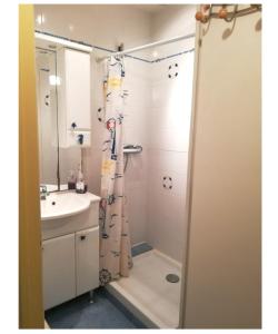 Un baño con cortina de ducha y lavabo. en Maison charmante à Matignon avec jardin closEL, en Matignon