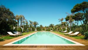 a swimming pool with lounge chairs and palm trees at Sant Efis Hotel in Pula