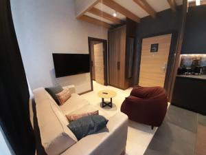 a living room with a white couch and a chair at Woodside Kopaonik AAC in Raška