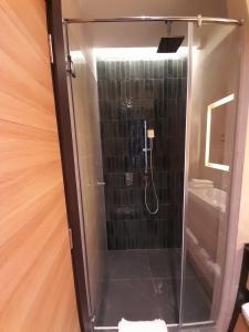 La salle de bains est pourvue d'une douche en verre et d'un lavabo. dans l'établissement Woodside Kopaonik AAC, à Raška