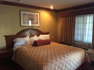 Thunderbird Lodge في رِيفرسايد: غرفة في الفندق مع سرير مع حقيبة حمراء عليه