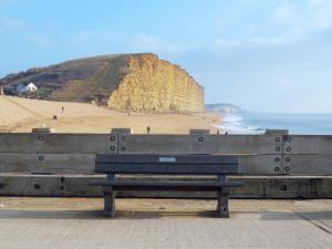 a bench sitting on a beach with a cliff at Farthings - 19292 in Bridport