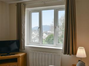 a room with a window with a radiator and a television at The Hollies in Bowness-on-Windermere