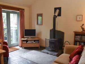 a living room with a fireplace and a television at Cil Y Felin in Beddgelert