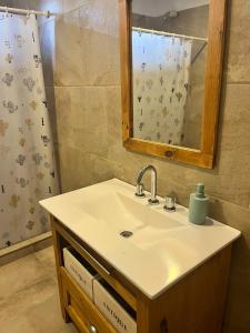 y baño con lavabo, espejo y ducha. en Pergolas Guest House - Pileta, Vinos y Montaña en Vista Flores