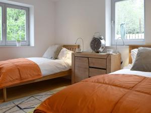 a bedroom with two beds and a desk and two windows at Anemone in Kenmore