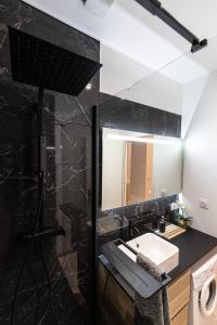 W łazience znajduje się umywalka i lustro. w obiekcie Le Greco w mieście Saint-Étienne