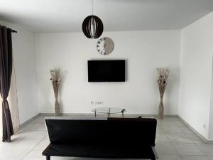 ein Wohnzimmer mit einem schwarzen Sofa und einem TV in der Unterkunft Maison T3 neuve fonctionnelle in Matoury