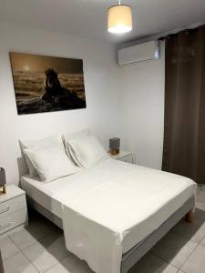 - un lit blanc dans une chambre avec une photo sur le mur dans l'établissement Maison T3 neuve fonctionnelle, à Matoury