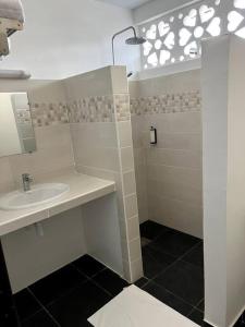 La salle de bains est pourvue d'un lavabo et d'une douche. dans l'établissement Maison T3 neuve fonctionnelle, à Matoury