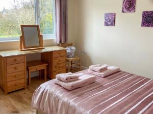 a bedroom with a bed and a desk and a mirror at Green Valley Retreat in Holsworthy