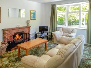 sala de estar con sofá y chimenea en Ivy Cottage en Mountblairy