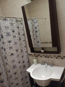baño con lavabo y cortina de ducha en Alojamiento Comodoro en San Rafael