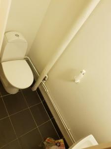 a bathroom with a white toilet and a pipe at Leilighet(75m²)+hage(40m²) 20 min fra sentrum in Grorud