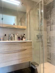 ein Bad mit einer Dusche und einer Glastür in der Unterkunft Chez Mimi in Saint-Germain-sur-Ay