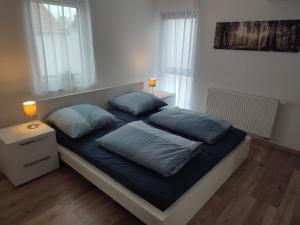 ein Bett mit zwei Kissen darauf in einem Schlafzimmer in der Unterkunft Ferienwohnung Südpfalz in Weingarten