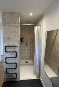 a bathroom with a shower with a shower curtain at La Résidence lac et montagnes privée jacuzzi 5 min du lac du Bourget 10 min d Aix les bains et Chambery in Voglans