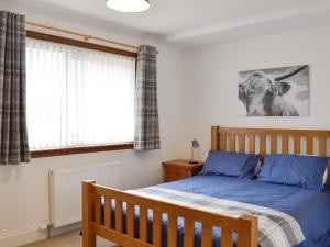 1 dormitorio con cama con sábanas azules y ventana en Auldfield en Lhanbryd