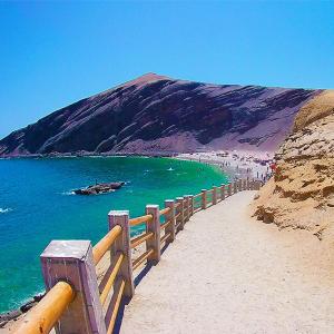 Hotel Ocean Beach Paracas في باراكاس: شاطئ به سور خشبي بجانب الماء