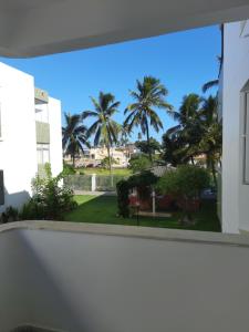 uma vista a partir de uma janela de palmeiras em Jardim Tropical em Lauro de Freitas