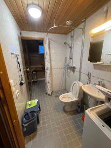 a small bathroom with a toilet and a sink at Outapailakka K19 in Saariselka