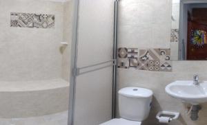 a bathroom with a shower and a toilet and a sink at ApartaHotel El Balcón del Tolima in Falan