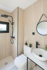 a bathroom with a sink and a toilet and a mirror at Villa no Jardim dos Aromas in Gião