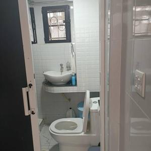 a small bathroom with a toilet and a sink at Sharz place in Nairobi