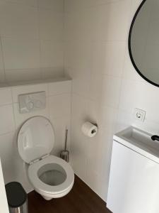 La salle de bains blanche est pourvue de toilettes et d'un lavabo. dans l'établissement Containerwoning op schitterende locatie, à Milsbeek
