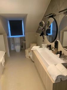 een badkamer met een wastafel, een toilet en een spiegel bij Maison Viktoria Augsburg in Augsburg