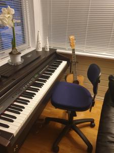 a desk with a piano and a chair and a guitar at Holiday Home in Gol +43 photos