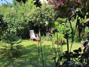 a garden with a chair sitting in the grass at Chambres d'hôtes de charme sur LE MANS in Le Mans