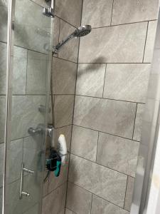 a shower stall with a glass door with a shower at Haggai COMFORT SUITES in Parkside