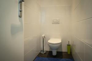 a white bathroom with a toilet and a blue rug at Schlossquadrat Apartement 15 in Vienna