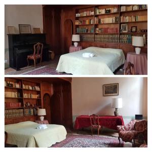 2 immagini di una camera da letto con letto e camino di Appartamento Duodo o Barbarigo a Venezia