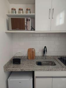 um balcão de cozinha com um lavatório e um micro-ondas em Relax Sampa em São Paulo
