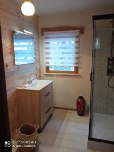 uma casa de banho com um lavatório e uma janela com persianas em Chalet papillon Domaine de la Mamounette em Boussoulet